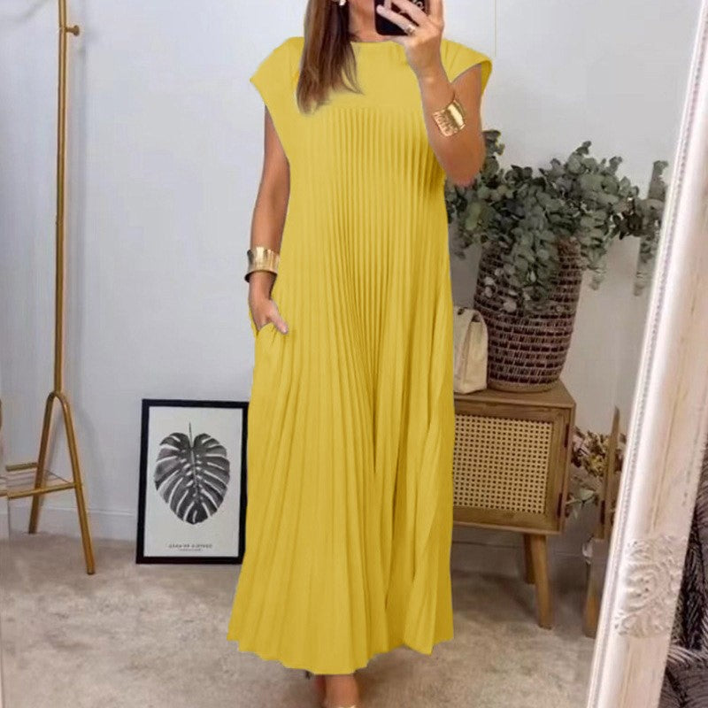 Elegant loose summer party dresses women fashion short sleeve casual a-line pleated long dress o-neck solid robe simple clothesElegant loose summer party dresses women fashion short sleeve casual a-line pleated long dress o-neck solid robe simple clothes