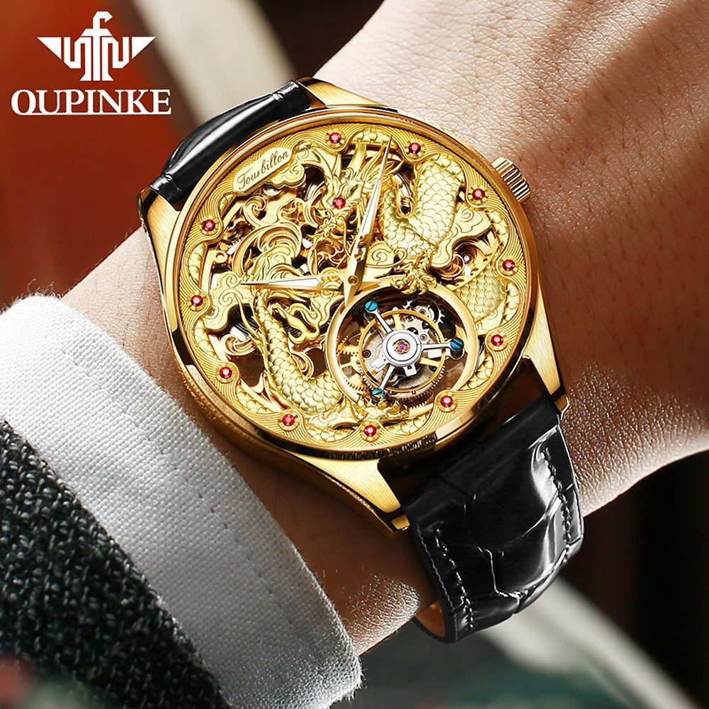 OUPINKE 3176 Tourbillon Watch Men 3D Carved Dragon Tungsten Steel Waterproof Wristwatches Top Layer Swiss Certification Watches OUPINKE 3176 Tourbillon Watch Men 3D Carved Dragon Tungsten Steel Waterproof Wristwatches Top Layer Swiss Certification Watches