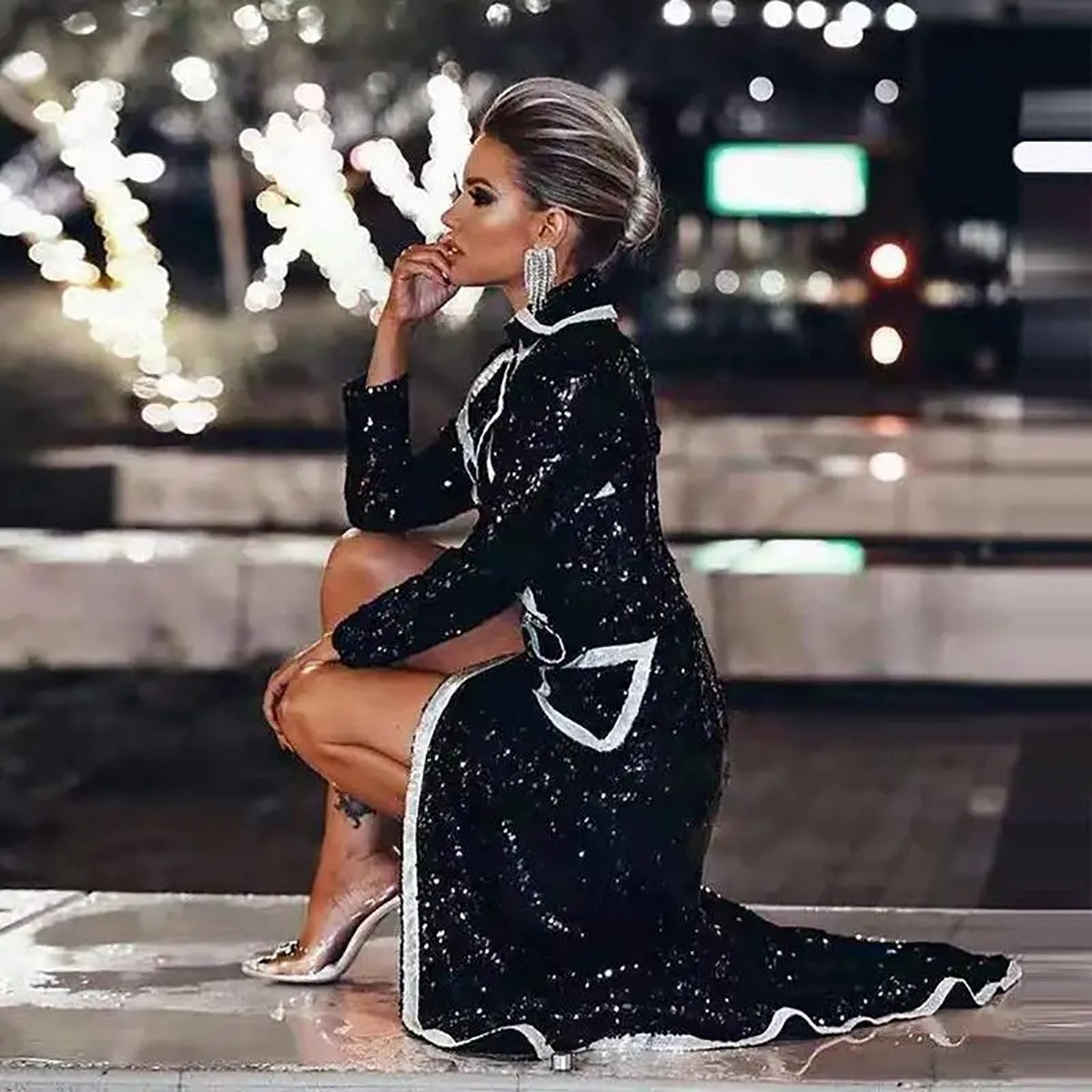 Luxury Sequin Women Long Blazer Dress Patchwork Slim Fit High Slit Coat Formal Wear Custom Coat Evening Party OutfitsLuxury Sequin Women Long Blazer Dress Patchwork Slim Fit High Slit Coat Formal Wear Custom Coat Evening Party Outfits