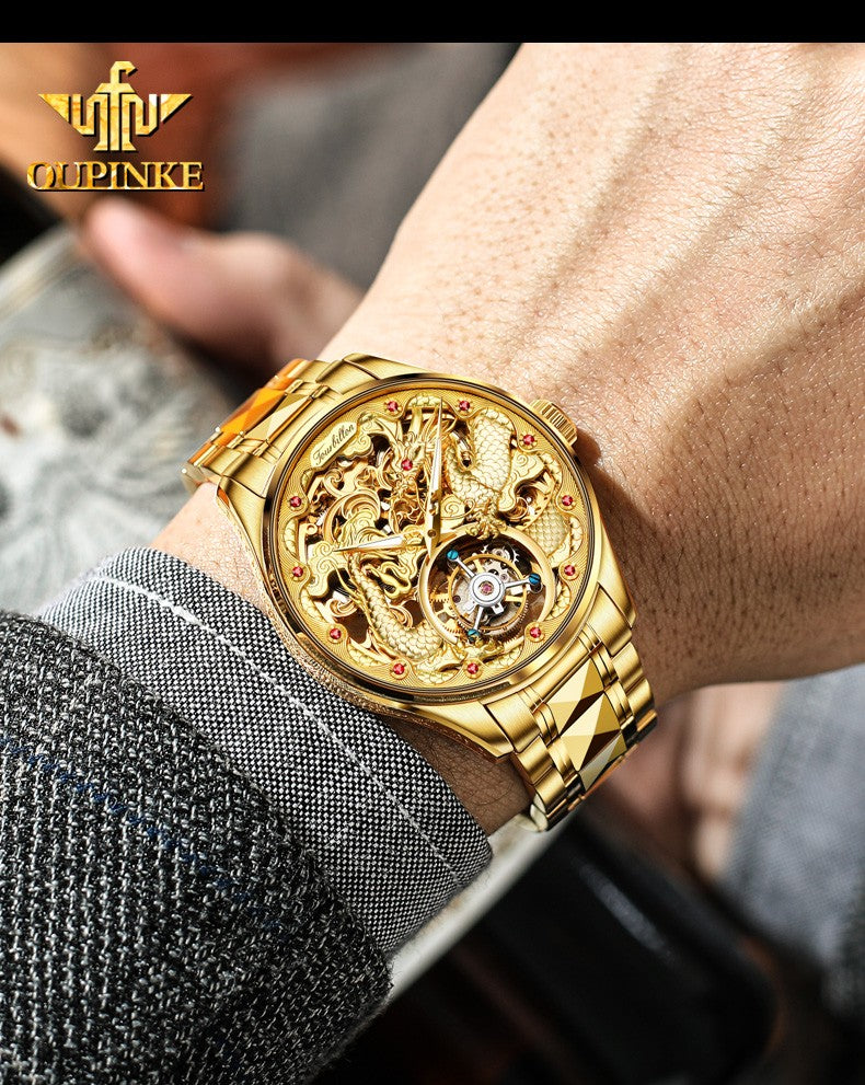 OUPINKE 3176 Tourbillon Watch Men 3D Carved Dragon Tungsten Steel Waterproof Wristwatches Top Layer Swiss Certification Watches OUPINKE 3176 Tourbillon Watch Men 3D Carved Dragon Tungsten Steel Waterproof Wristwatches Top Layer Swiss Certification Watches