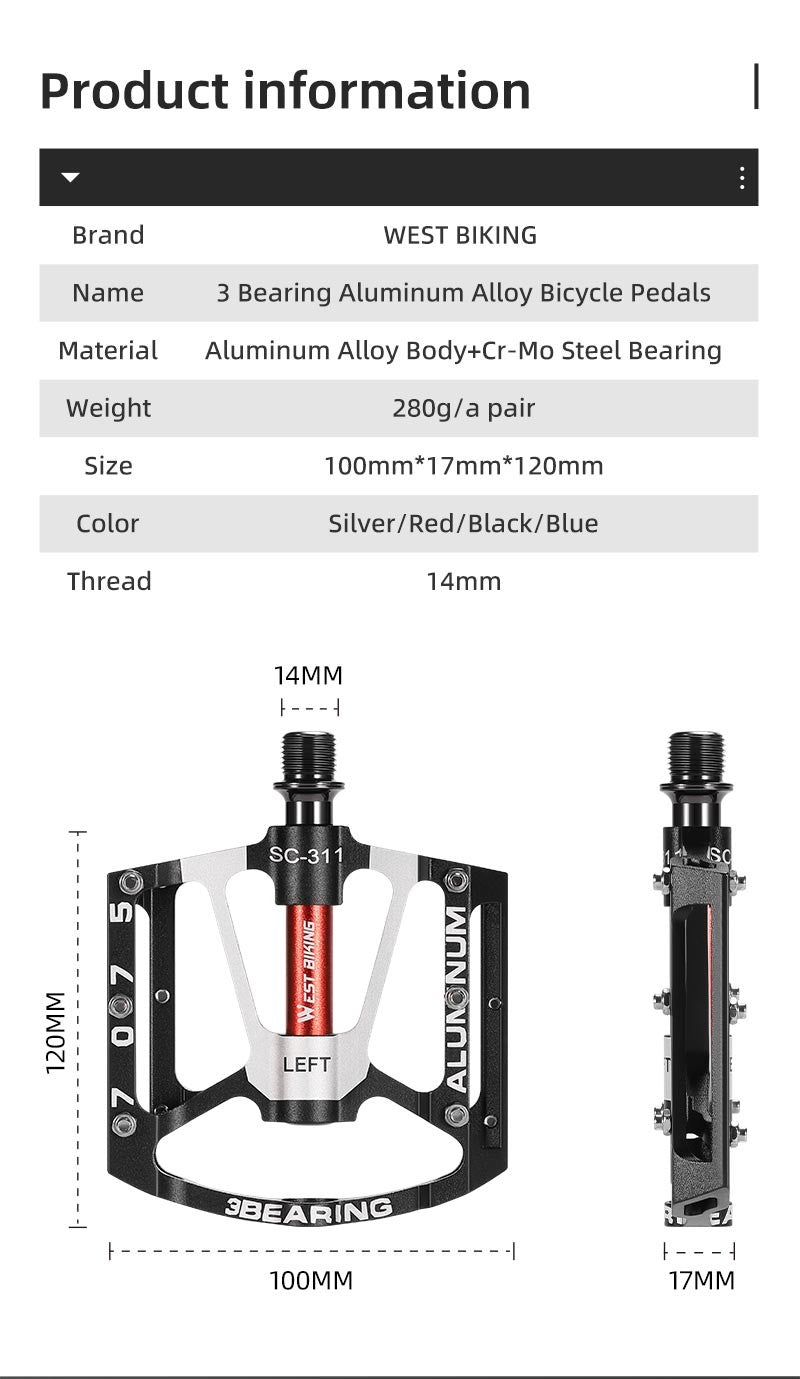 West Biking 3 Bearing Ultralight Bike Pedals