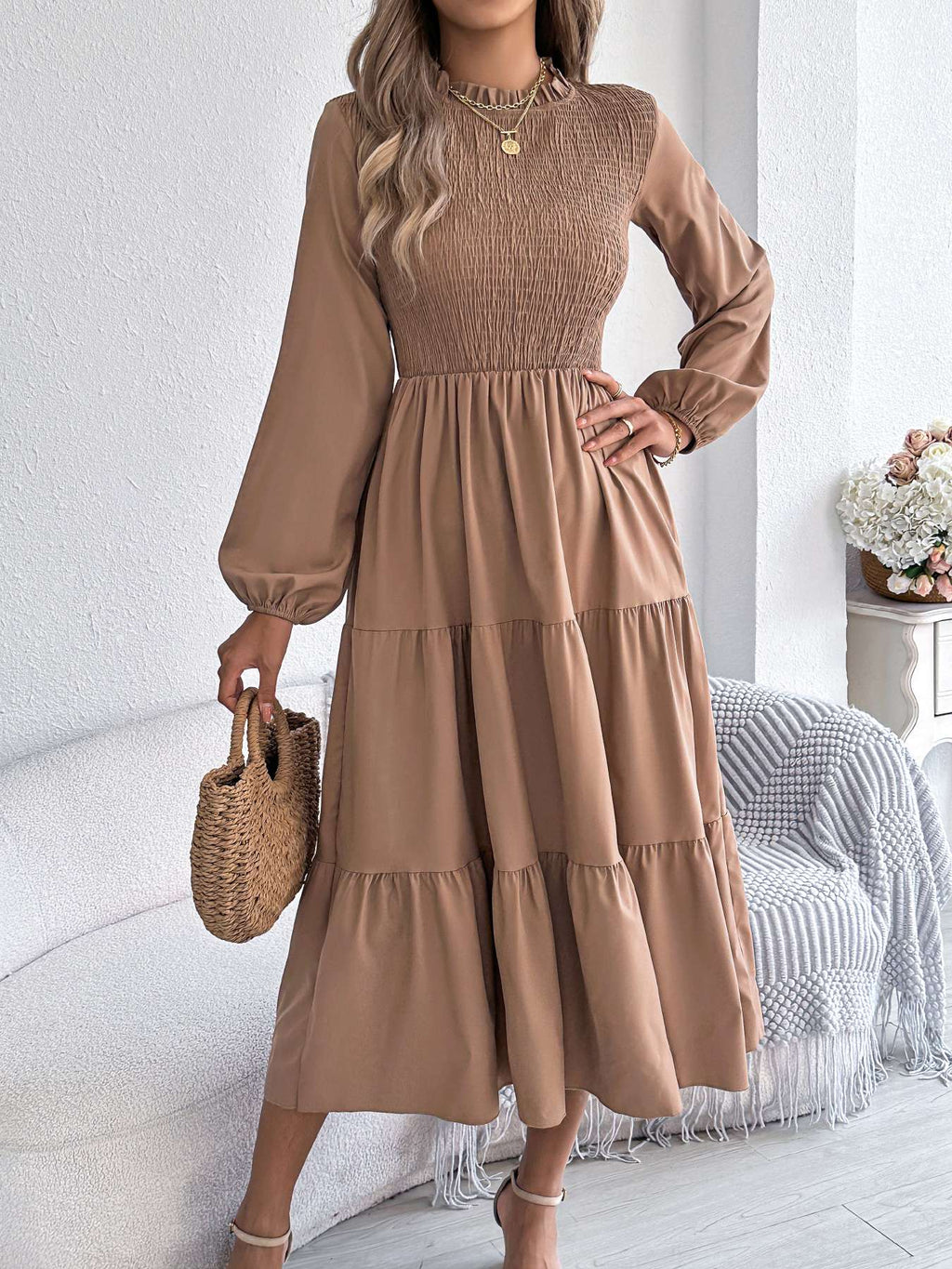Autumn Winter Elegant Dresses for Women Solid Color Round Neck Long Sleeve Ruffles Dresses Khaki Green Red Autumn Winter Elegant Dresses for Women Solid Color Round Neck Long Sleeve Ruffles Dresses Khaki Green Red