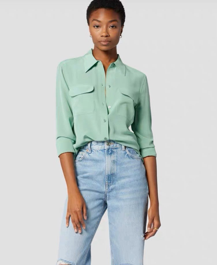 39 colors option draped sand-washed mulberry silk shirt blouse women classic