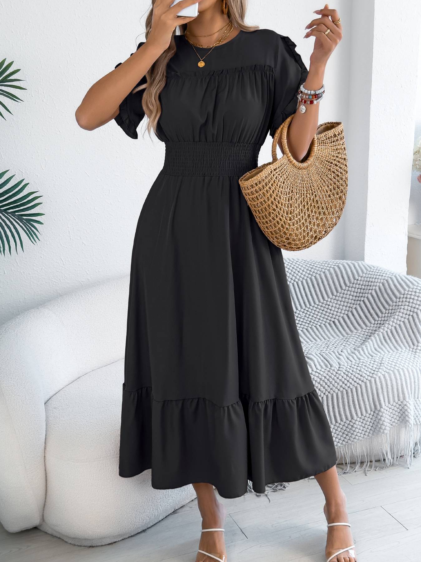 Casual elegant round neck ruffles cinched waist dress long dresses spring summer fashion women dressCasual elegant round neck ruffles cinched waist dress long dresses spring summer fashion women dress