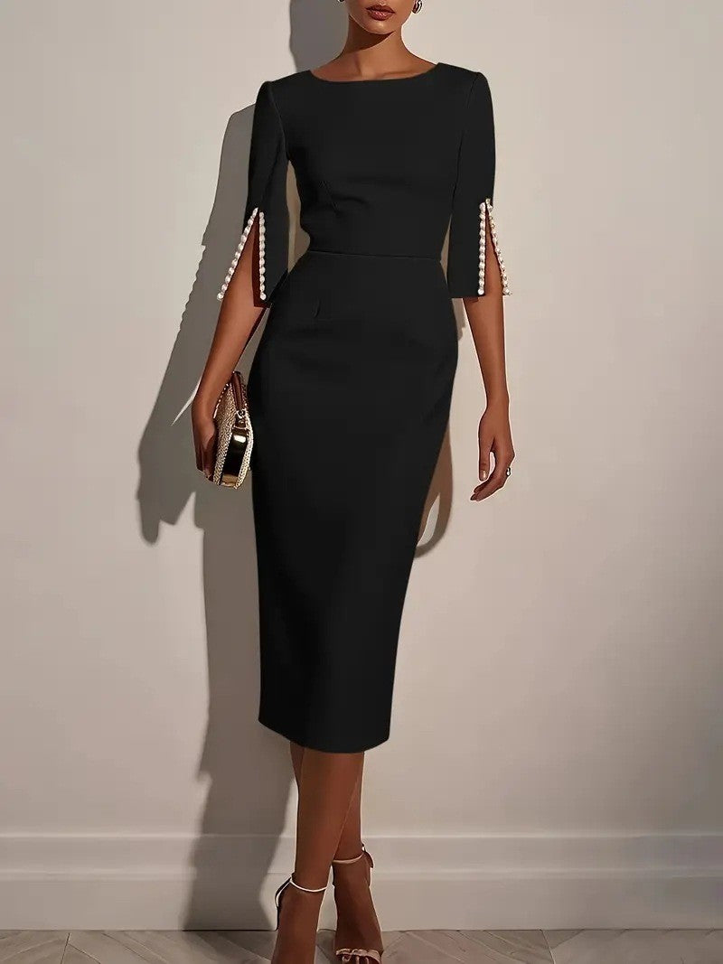 Women's fashion solid color office lady half sleeve nail bead dress female round neck slim and elegant dress Women's fashion solid color office lady half sleeve nail bead dress female round neck slim and elegant dress