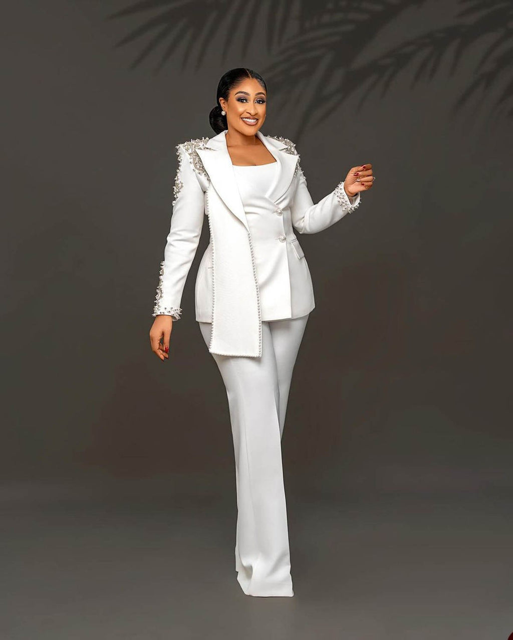 Pearls Beaded Appliques Women's Pant Suits 2 Piece Plus Size Wedding Mother of the Bride Suits Wraps Design Blazer Outfit
