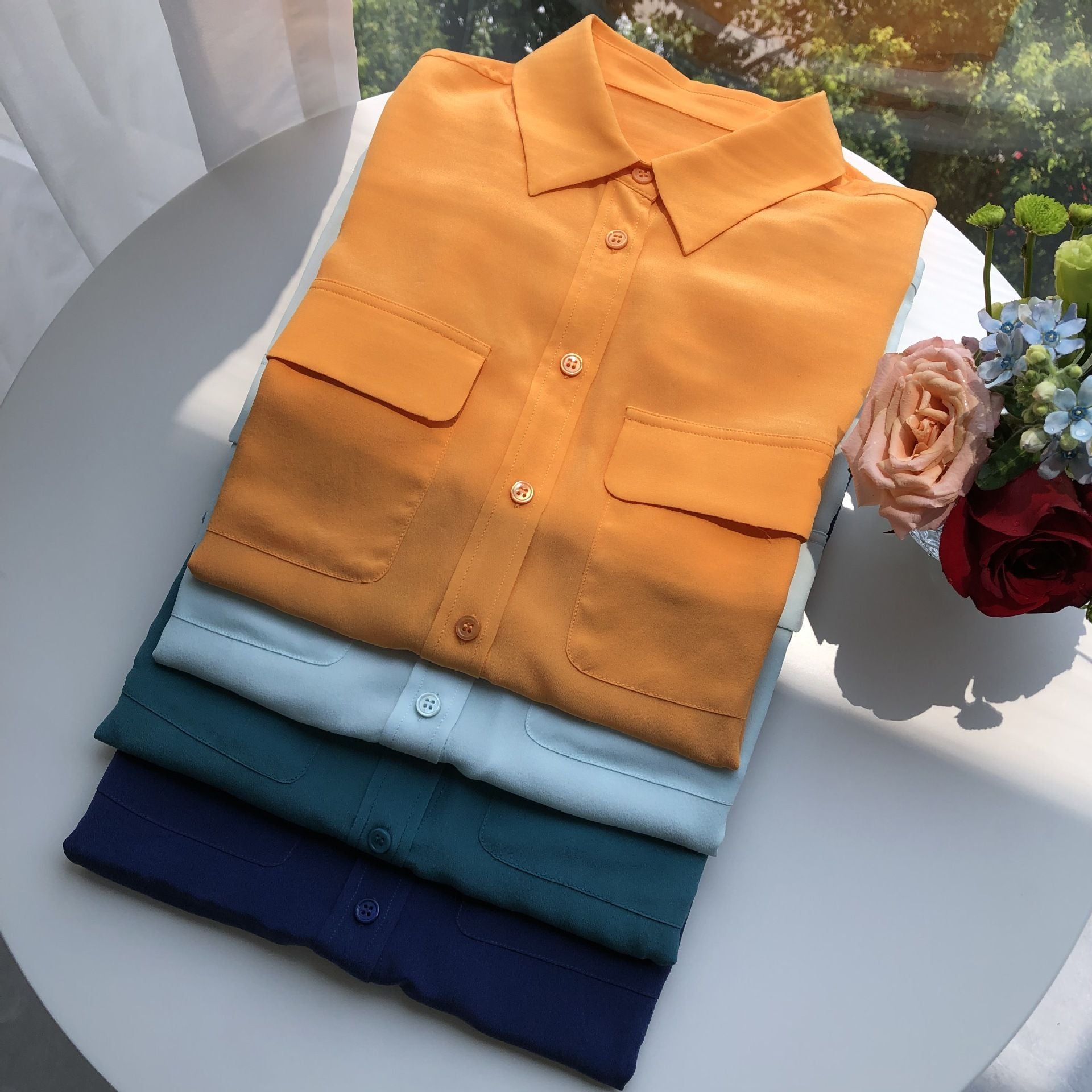 39 colors option draped sand-washed mulberry silk shirt blouse women classic