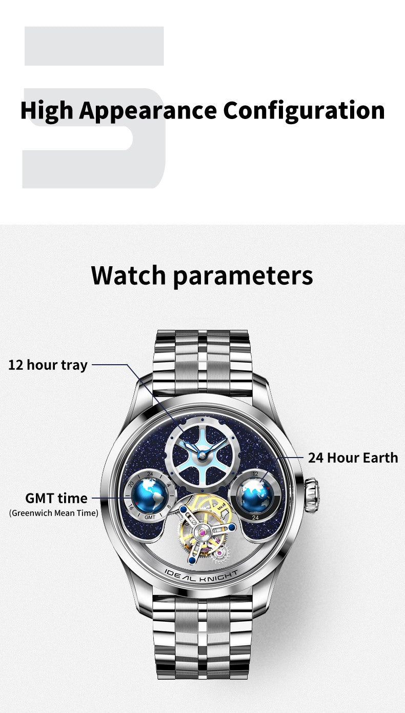 Ideal Knight Top Brand Luxruy Men's Watch Advanced Tourbillon Automatic Mechanical Watch Waterproof Luminous Dual Region Time