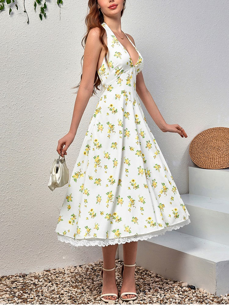 NewAsia Women's Sexy Deep V Neck Backless Floral Print Midi Dress Lace Halter Tie Up Fashion Casual Holiday Long Dresses Yellow NewAsia Women's Sexy Deep V Neck Backless Floral Print Midi Dress Lace Halter Tie Up Fashion Casual Holiday Long Dresses Yellow