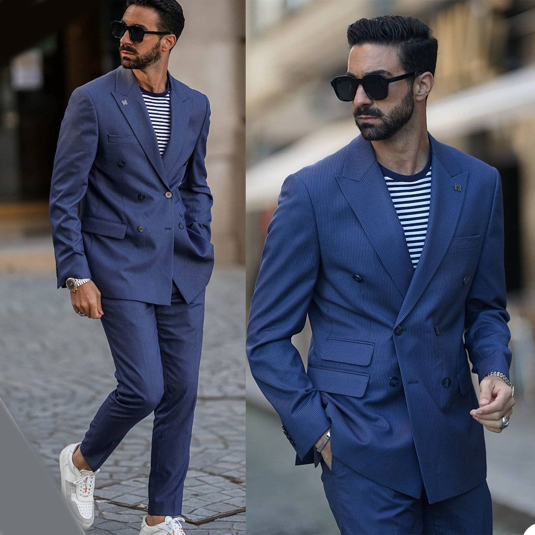 Men's Striped Suits Plus Size Wedding Tuxedos 2 Pieces Double Breasted Jacket and Pants Custom Suits Prom Party OutfitMen's Striped Suits Plus Size Wedding Tuxedos 2 Pieces Double Breasted Jacket and Pants Custom Suits Prom Party Outfit