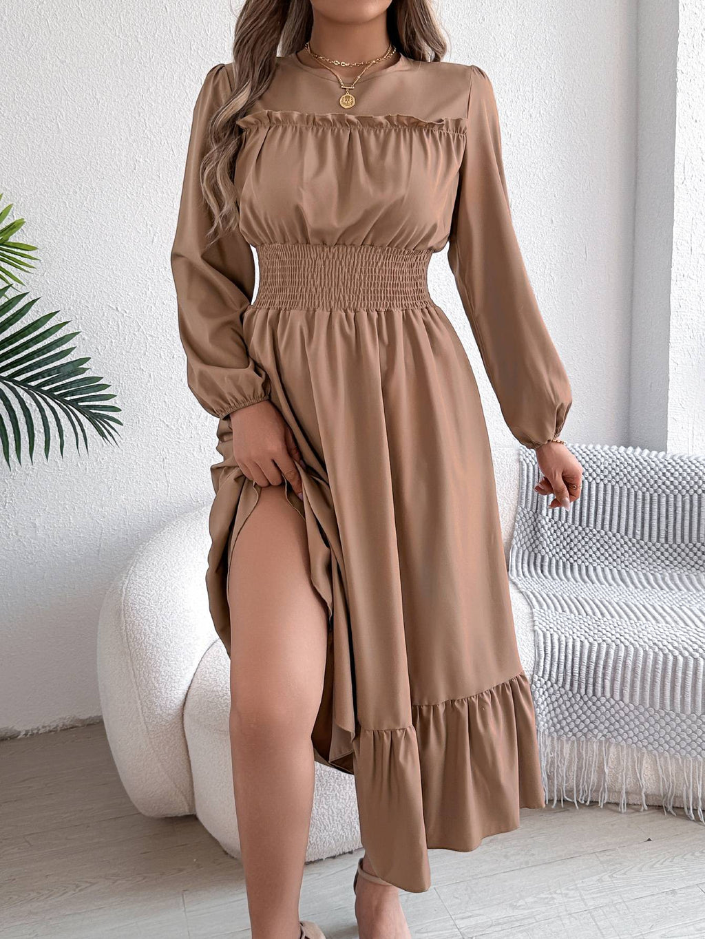 Autumn and winter casual elegant solid color round neck long sleeve cinched waist lotus leaf edge dress women's clothing Autumn and winter casual elegant solid color round neck long sleeve cinched waist lotus leaf edge dress women's clothing