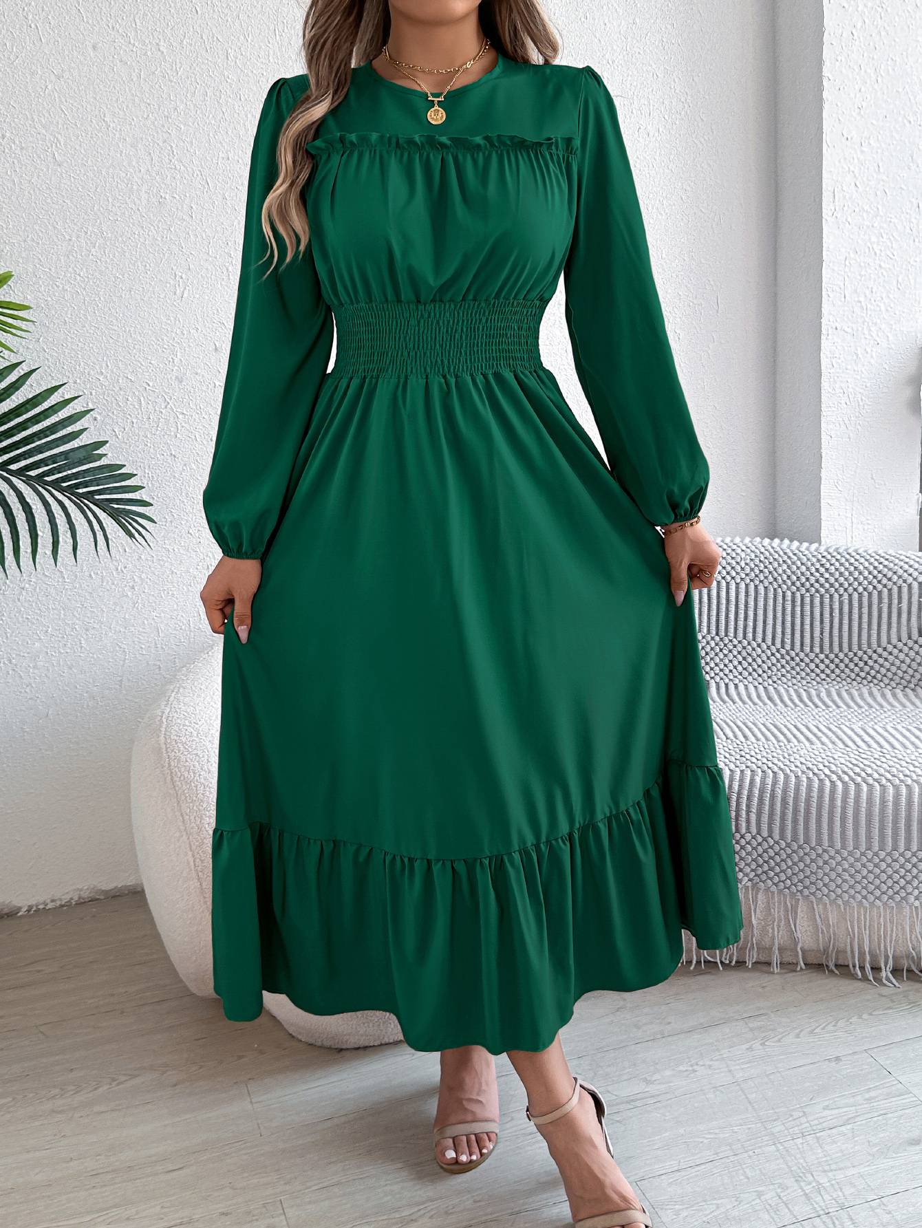 Autumn and winter casual elegant solid color round neck long sleeve cinched waist lotus leaf edge dress women's clothing Autumn and winter casual elegant solid color round neck long sleeve cinched waist lotus leaf edge dress women's clothing