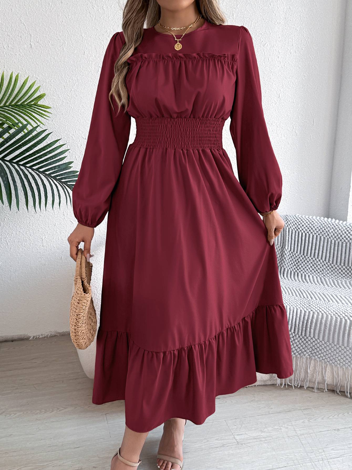 Autumn and winter casual elegant solid color round neck long sleeve cinched waist lotus leaf edge dress women's clothing Autumn and winter casual elegant solid color round neck long sleeve cinched waist lotus leaf edge dress women's clothing