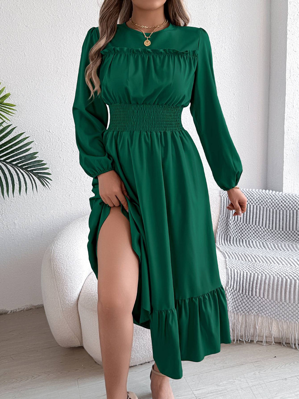 Autumn and winter casual elegant solid color round neck long sleeve cinched waist lotus leaf edge dress women's clothing Autumn and winter casual elegant solid color round neck long sleeve cinched waist lotus leaf edge dress women's clothing