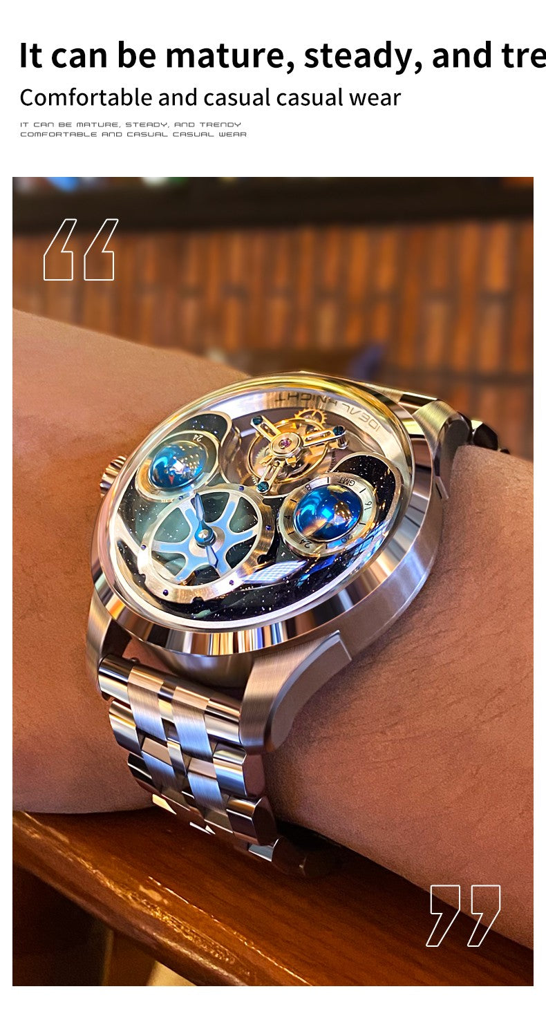 Ideal Knight Top Brand Luxruy Men's Watch Advanced Tourbillon Automatic Mechanical Watch Waterproof Luminous Dual Region Time