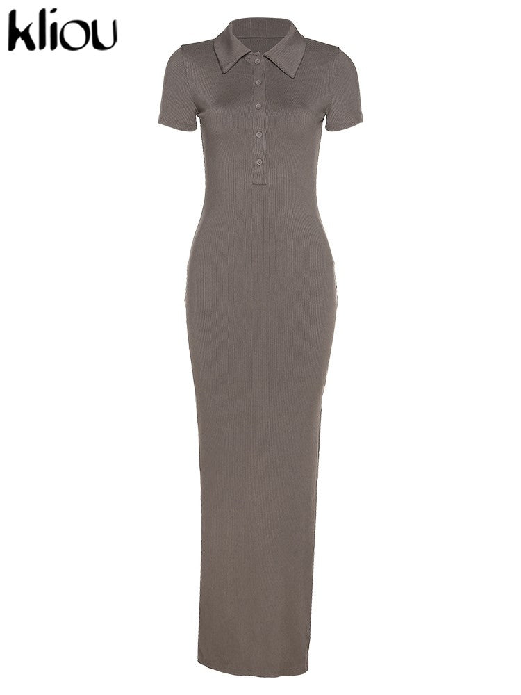 Kliou elegante senhora do escritório maxi vestido feminino sólido moda turn-do