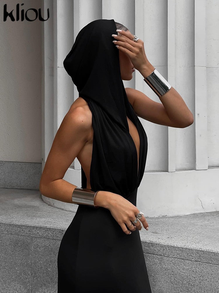 Kliou Elegant Hooded Maxi Dresses Women Hipster Sleeveless Sexy Deep V-Neck Backless Side Split Robe Female High Street Dress Kliou Elegant Hooded Maxi Dresses Women Hipster Sleeveless Sexy Deep V-Neck Backless Side Split Robe Female High Street Dress