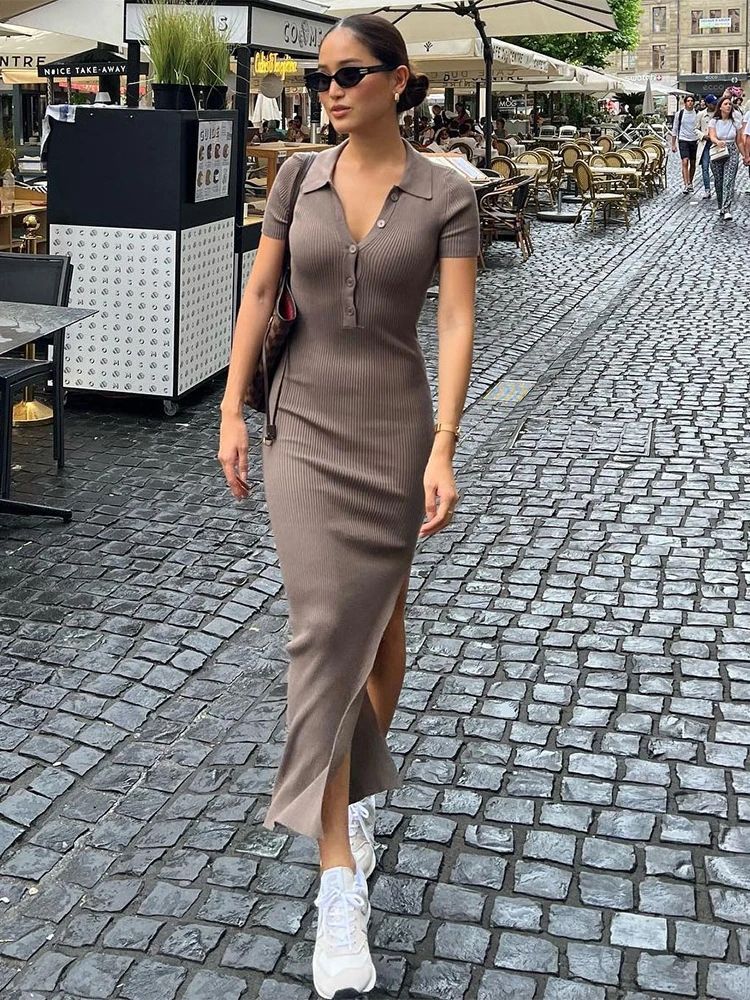 Kliou elegante senhora do escritório maxi vestido feminino sólido moda turn-do