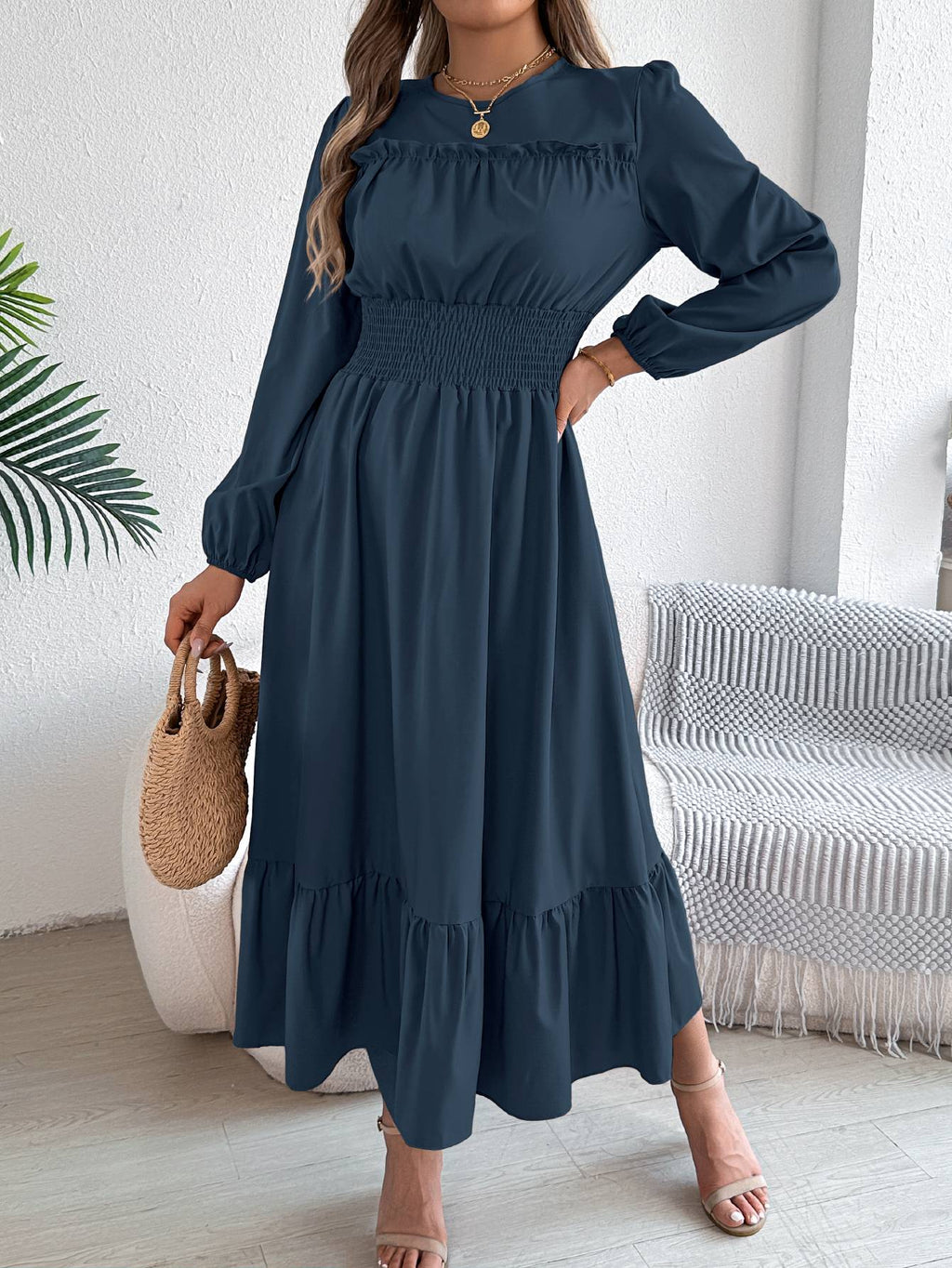 Autumn and winter casual elegant solid color round neck long sleeve cinched waist lotus leaf edge dress women's clothing Autumn and winter casual elegant solid color round neck long sleeve cinched waist lotus leaf edge dress women's clothing