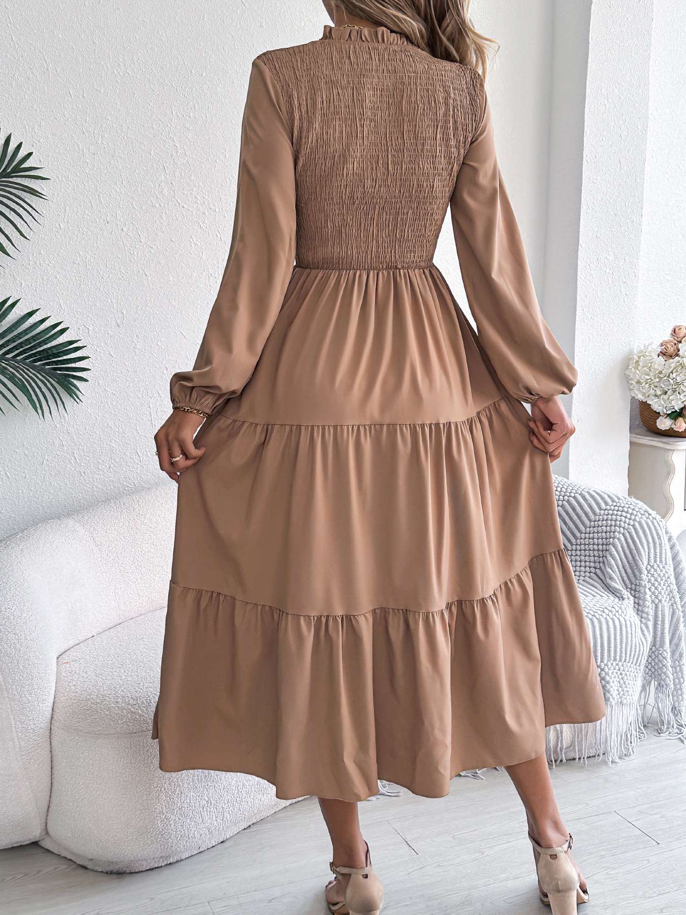 Autumn Winter Elegant Dresses for Women Solid Color Round Neck Long Sleeve Ruffles Dresses Khaki Green Red Autumn Winter Elegant Dresses for Women Solid Color Round Neck Long Sleeve Ruffles Dresses Khaki Green Red