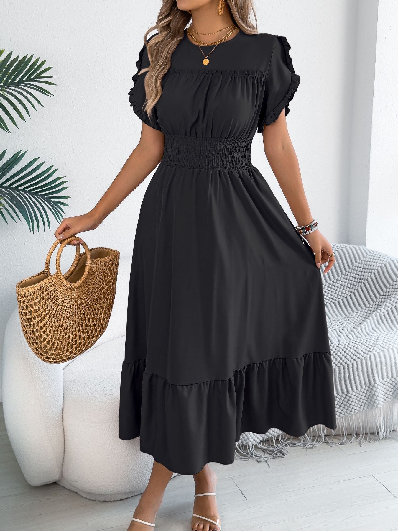 Casual elegant round neck ruffles cinched waist dress long dresses spring summer fashion women dressCasual elegant round neck ruffles cinched waist dress long dresses spring summer fashion women dress