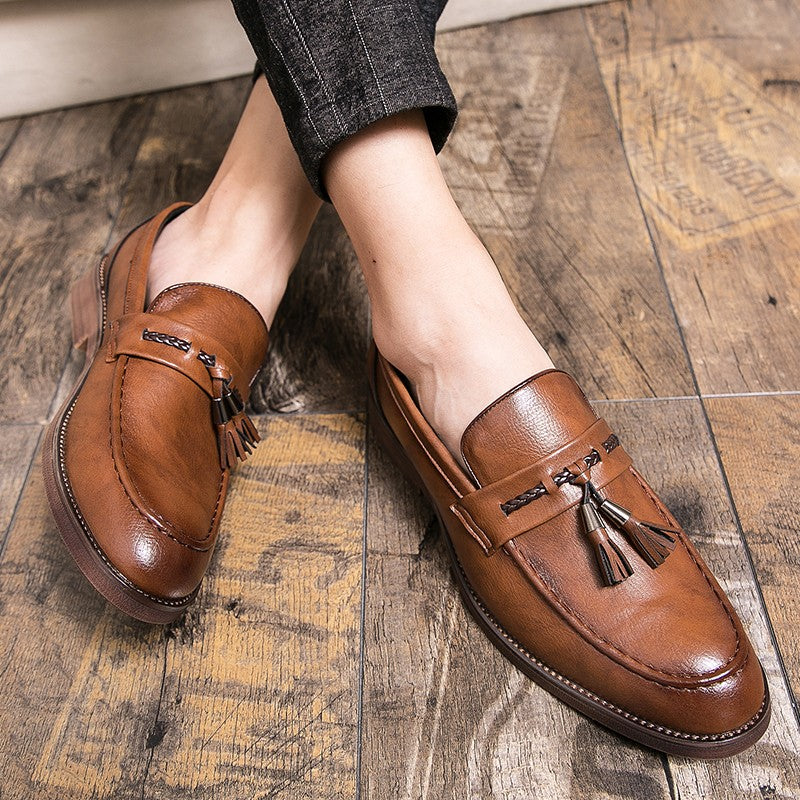 Men's casual pointed toe loafers, fringe shoes,