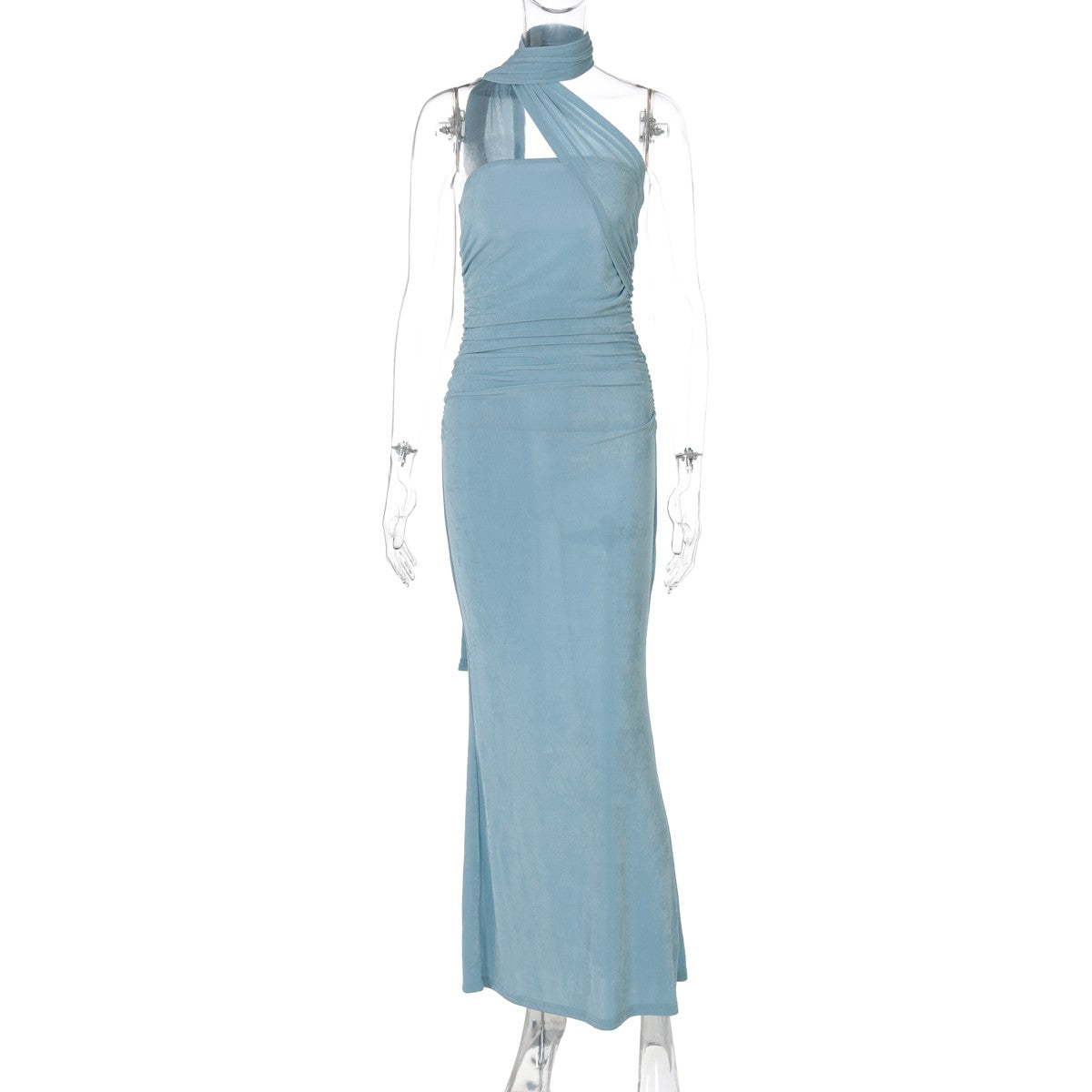 Hugcitar halter sólido sem mangas sem costas franzido sexy bodycon maxi vestido