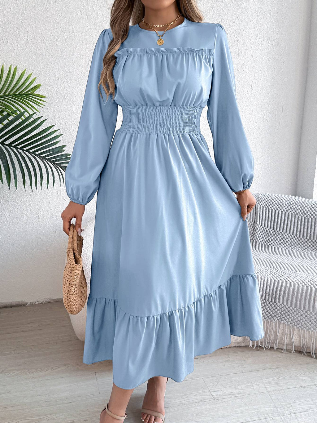 Autumn and winter casual elegant solid color round neck long sleeve cinched waist lotus leaf edge dress women's clothing Autumn and winter casual elegant solid color round neck long sleeve cinched waist lotus leaf edge dress women's clothing