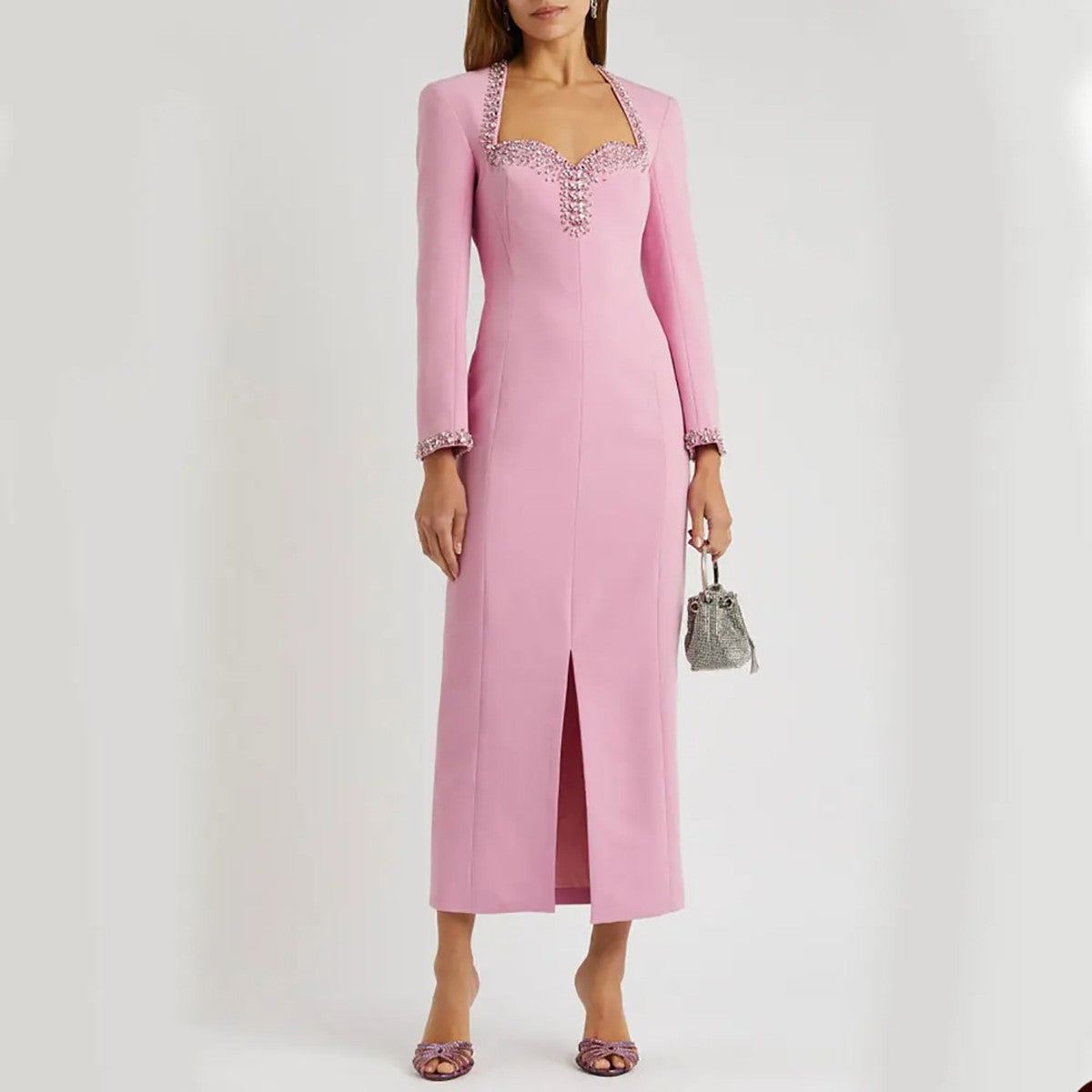 Women's elegant evening dresses slim fit beaded wedding guest dress sweetheart neck long sleeves custom formal wearWomen's elegant evening dresses slim fit beaded wedding guest dress sweetheart neck long sleeves custom formal wear