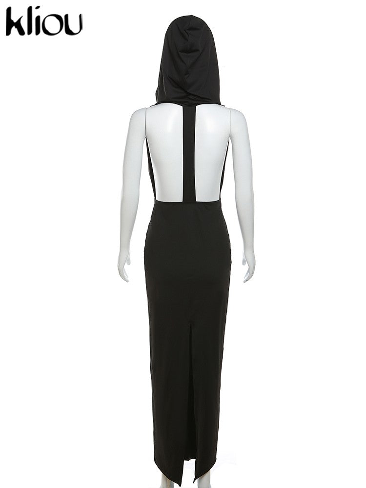 Kliou Elegant Hooded Maxi Dresses Women Hipster Sleeveless Sexy Deep V-Neck Backless Side Split Robe Female High Street Dress Kliou Elegant Hooded Maxi Dresses Women Hipster Sleeveless Sexy Deep V-Neck Backless Side Split Robe Female High Street Dress