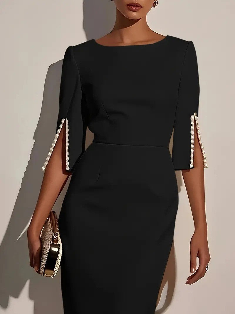 Women's fashion solid color office lady half sleeve nail bead dress female round neck slim and elegant dress Women's fashion solid color office lady half sleeve nail bead dress female round neck slim and elegant dress