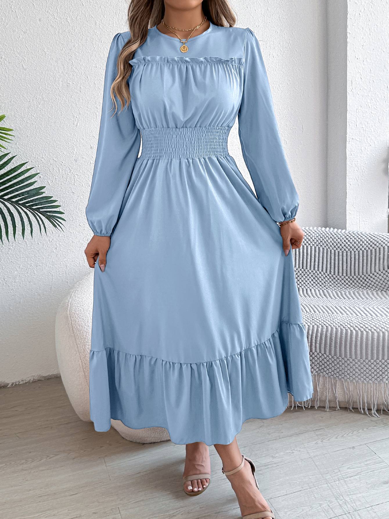 Autumn and winter casual elegant solid color round neck long sleeve cinched waist lotus leaf edge dress women's clothing Autumn and winter casual elegant solid color round neck long sleeve cinched waist lotus leaf edge dress women's clothing