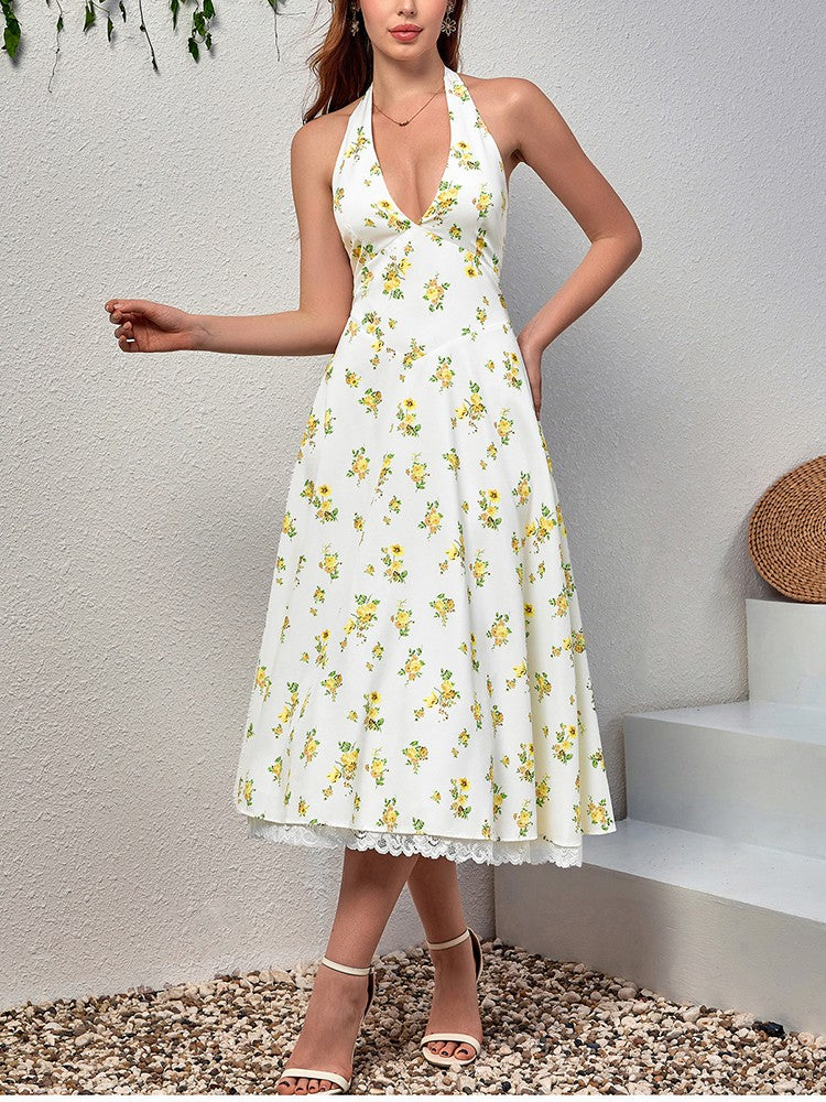 NewAsia Women's Sexy Deep V Neck Backless Floral Print Midi Dress Lace Halter Tie Up Fashion Casual Holiday Long Dresses Yellow NewAsia Women's Sexy Deep V Neck Backless Floral Print Midi Dress Lace Halter Tie Up Fashion Casual Holiday Long Dresses Yellow