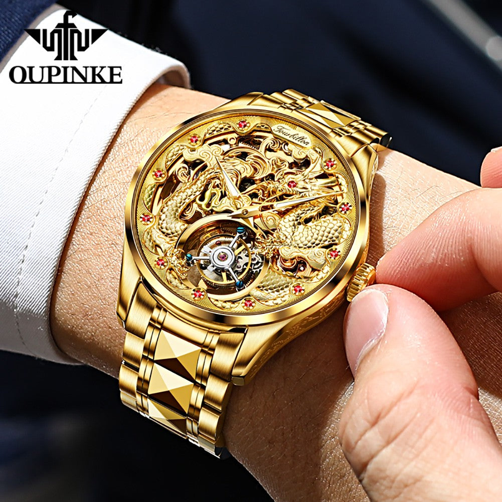OUPINKE 3176 Tourbillon Watch Men 3D Carved Dragon Tungsten Steel Waterproof Wristwatches Top Layer Swiss Certification Watches OUPINKE 3176 Tourbillon Watch Men 3D Carved Dragon Tungsten Steel Waterproof Wristwatches Top Layer Swiss Certification Watches