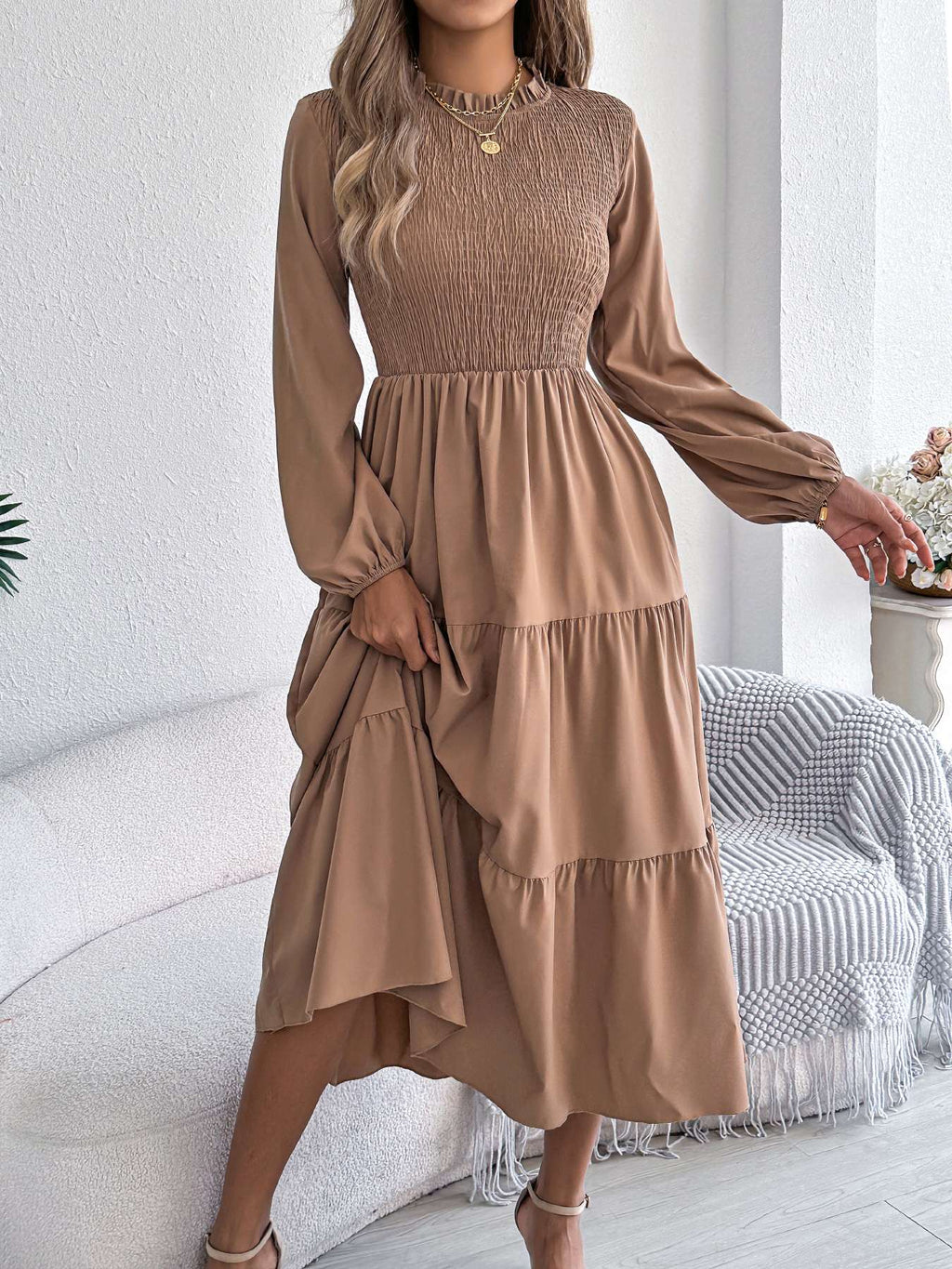 Autumn Winter Elegant Dresses for Women Solid Color Round Neck Long Sleeve Ruffles Dresses Khaki Green Red Autumn Winter Elegant Dresses for Women Solid Color Round Neck Long Sleeve Ruffles Dresses Khaki Green Red