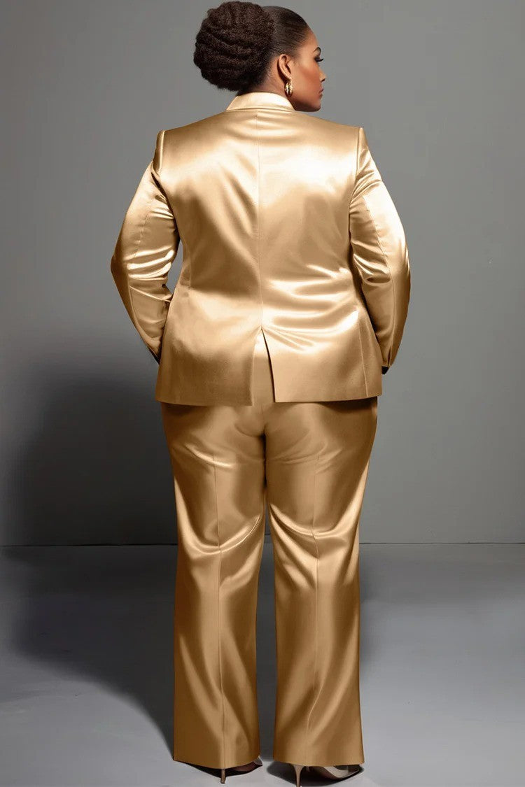 Terno feminino prateado dourado brilhante, 2 peças, blazer e calças plus size,