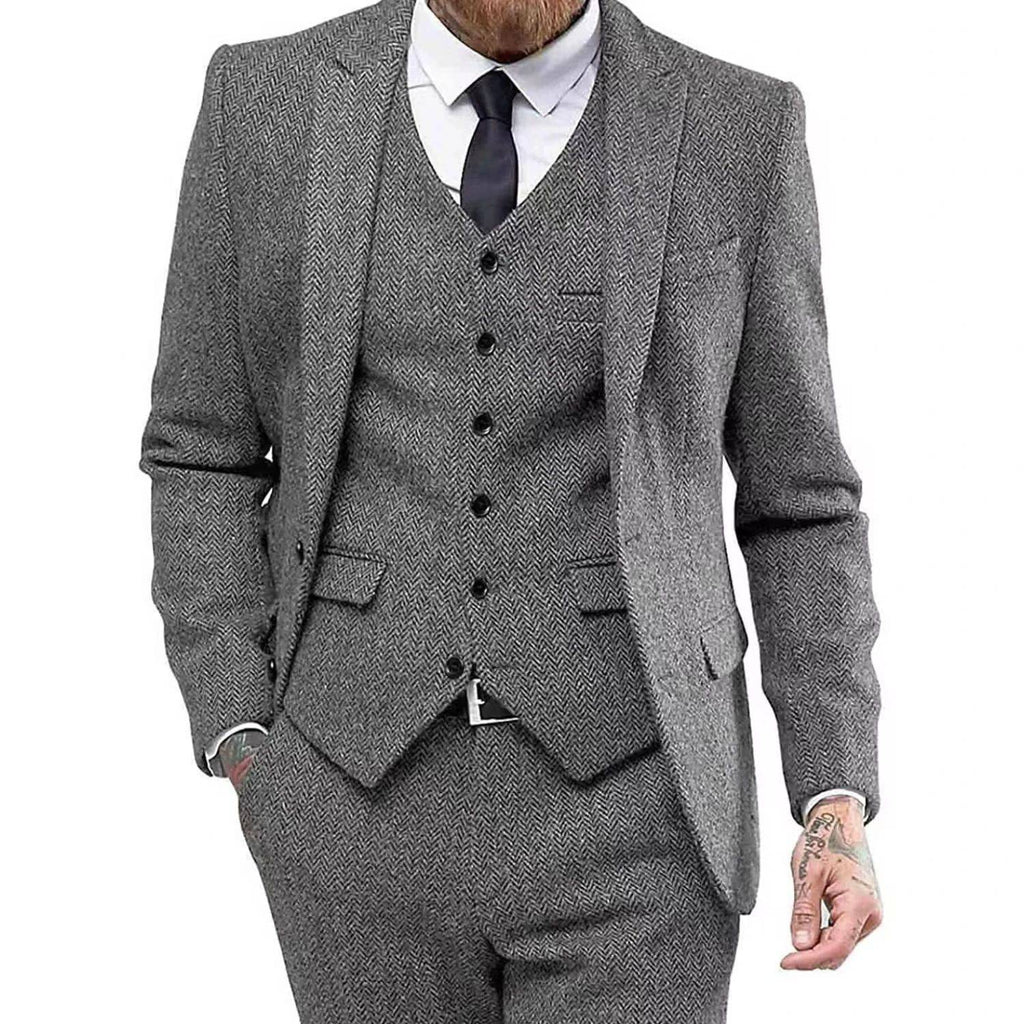 Men's Retro Herringbone Suit, Elegant Vintage Tuxedo Set, 3 Piece Blazer, Vest and Pants, for Wedding, Business, Evening PartyMen's Retro Herringbone Suit, Elegant Vintage Tuxedo Set, 3 Piece Blazer, Vest and Pants, for Wedding, Business, Evening Party