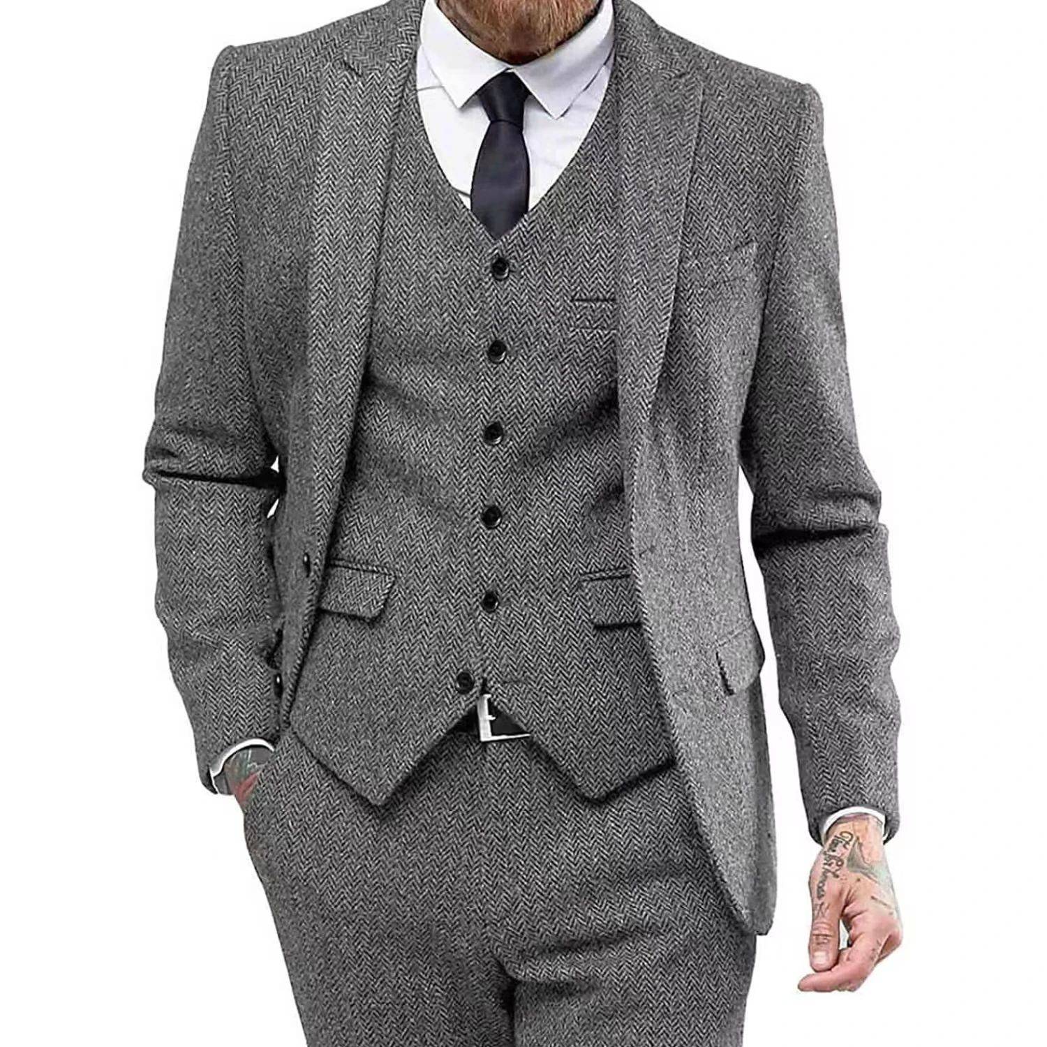 Men's Retro Herringbone Suit, Elegant Vintage Tuxedo Set, 3 Piece Blazer, Vest and Pants, for Wedding, Business, Evening PartyMen's Retro Herringbone Suit, Elegant Vintage Tuxedo Set, 3 Piece Blazer, Vest and Pants, for Wedding, Business, Evening Party