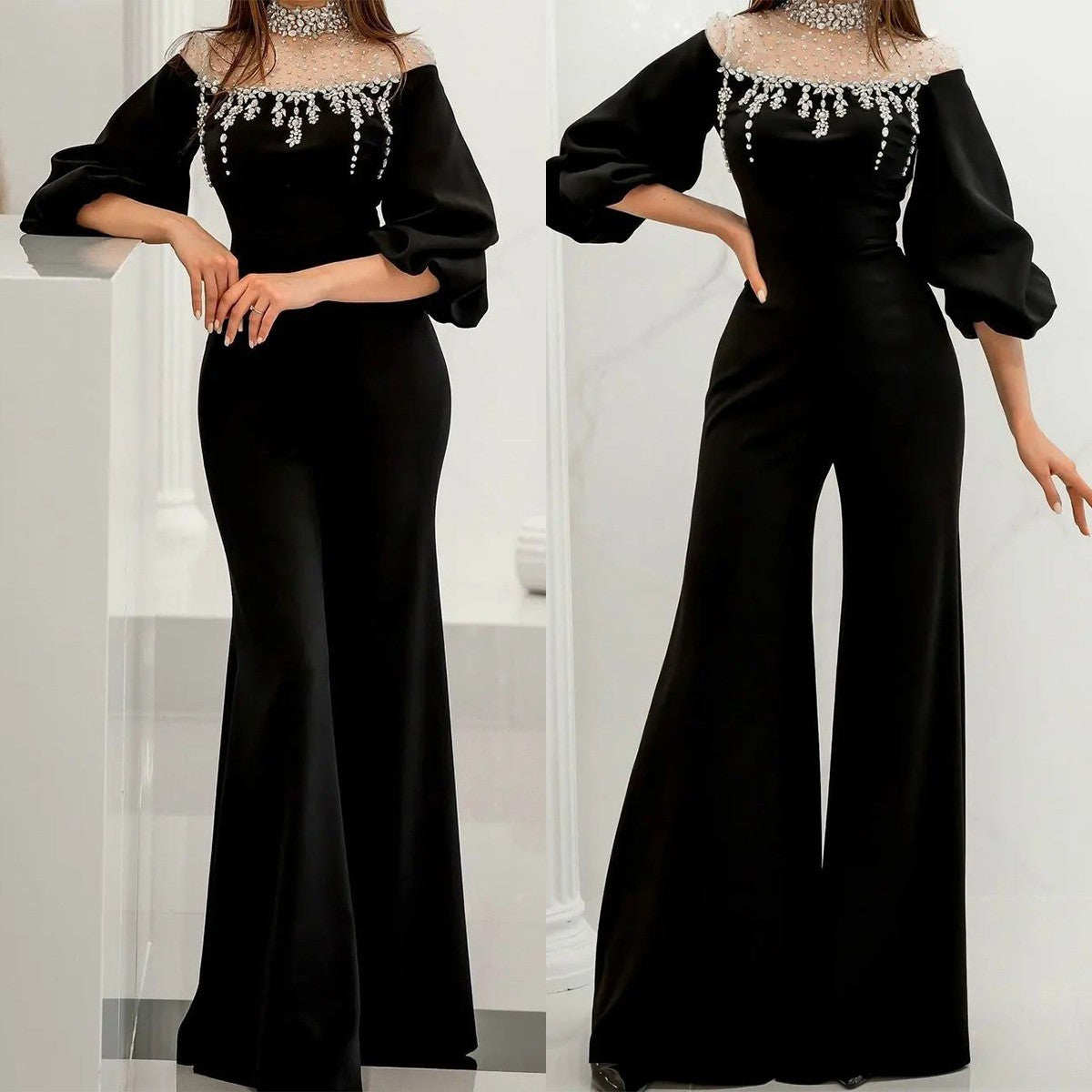 Luxury Women's Pant Suits One Piece Crystal Beaded Turtleneck Jumpsuits Custom Special Occasion Suits Evening Party Outfit