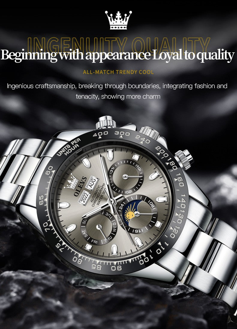 OLEVS 6654 Automatic Mechanical Watch: Moon Phase & Roman Flair
