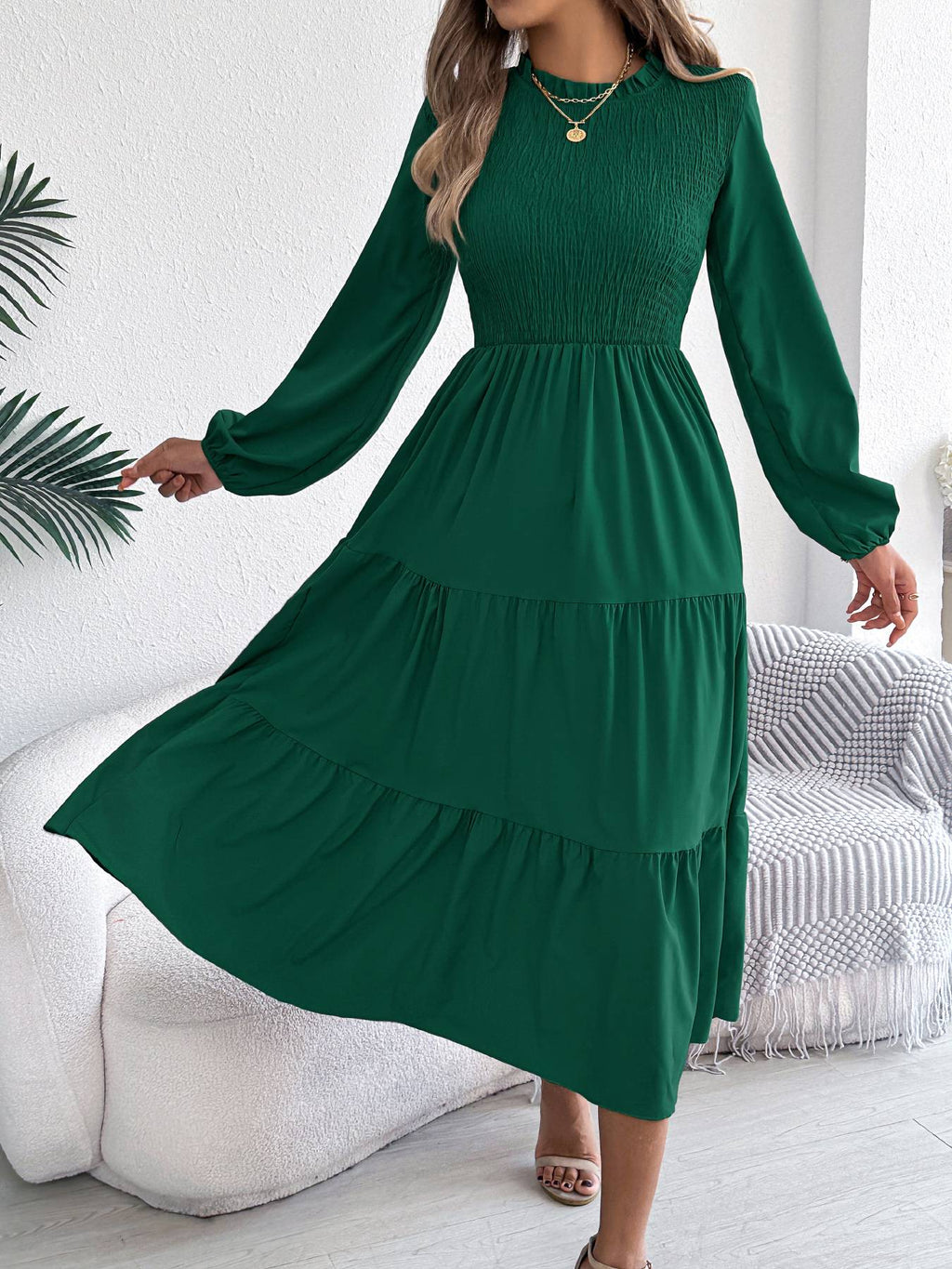 Autumn Winter Elegant Dresses for Women Solid Color Round Neck Long Sleeve Ruffles Dresses Khaki Green Red Autumn Winter Elegant Dresses for Women Solid Color Round Neck Long Sleeve Ruffles Dresses Khaki Green Red