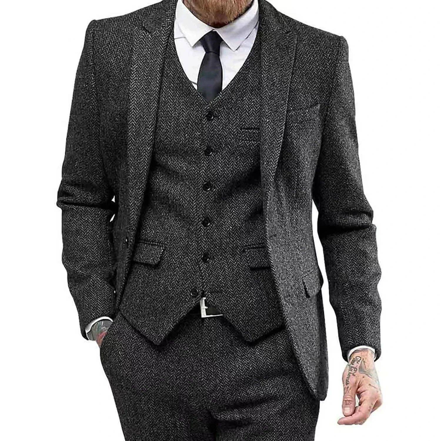 Men's Retro Herringbone Suit, Elegant Vintage Tuxedo Set, 3 Piece Blazer, Vest and Pants, for Wedding, Business, Evening PartyMen's Retro Herringbone Suit, Elegant Vintage Tuxedo Set, 3 Piece Blazer, Vest and Pants, for Wedding, Business, Evening Party