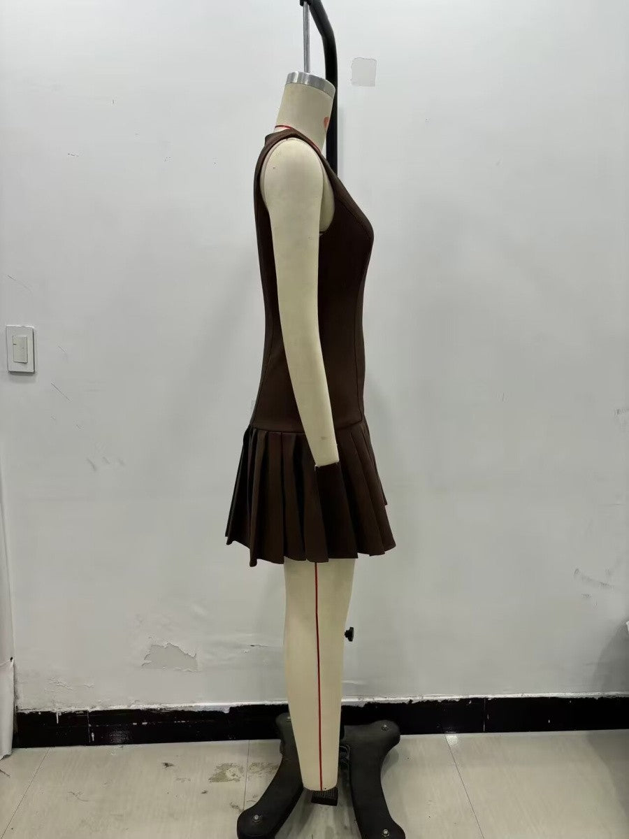 Traf2024 new product 3D cut out mini dress, pleated skirt design, brown sleeveless round neck short dress for womenTraf2024 new product 3D cut out mini dress, pleated skirt design, brown sleeveless round neck short dress for women