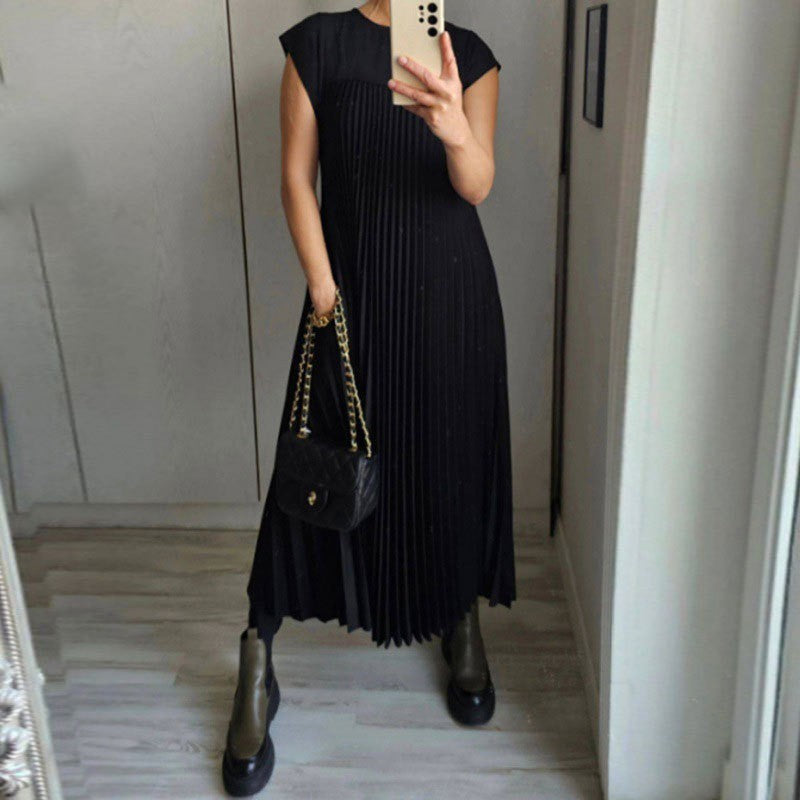 Elegant loose summer party dresses women fashion short sleeve casual a-line pleated long dress o-neck solid robe simple clothesElegant loose summer party dresses women fashion short sleeve casual a-line pleated long dress o-neck solid robe simple clothes
