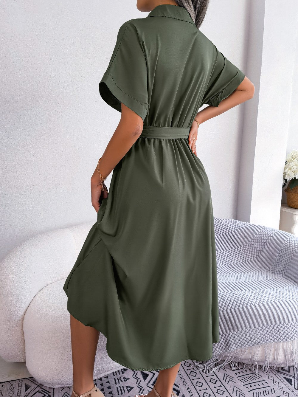 Women Summer Slim Waist Lace Up Dresses 2025 Casual Solid Color Turn Down Collar Short Sleeve A Line Dress Green Red Blue Women Summer Slim Waist Lace Up Dresses 2025 Casual Solid Color Turn Down Collar Short Sleeve A Line Dress Green Red Blue