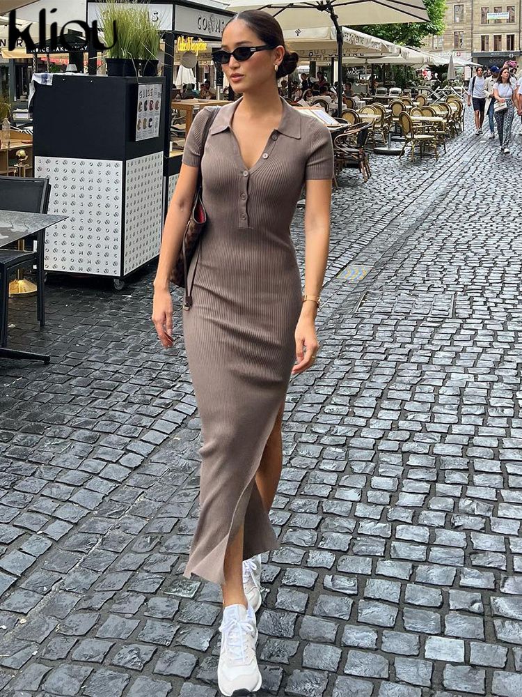 Kliou elegante senhora do escritório maxi vestido feminino sólido moda turn-do