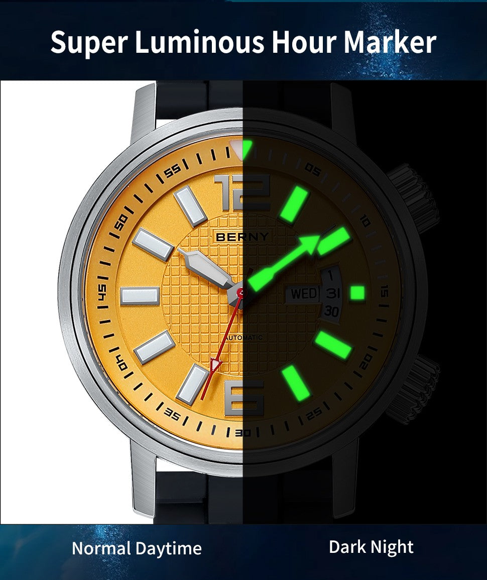BERNY 20ATM Diver Relógio Mecânico Automático para Homens Super Luminoso À P