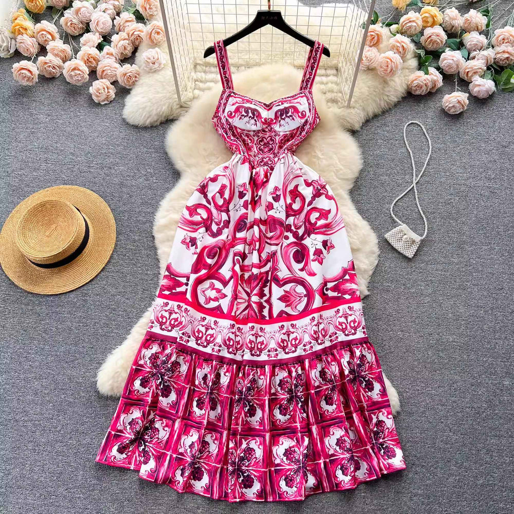 Women's V-neck Red Blue and White Print Spaghetti Strap Holiday Maxi Dress Summer Runway Floral Print Holiday Long Robes Women's V-neck Red Blue and White Print Spaghetti Strap Holiday Maxi Dress Summer Runway Floral Print Holiday Long Robes
