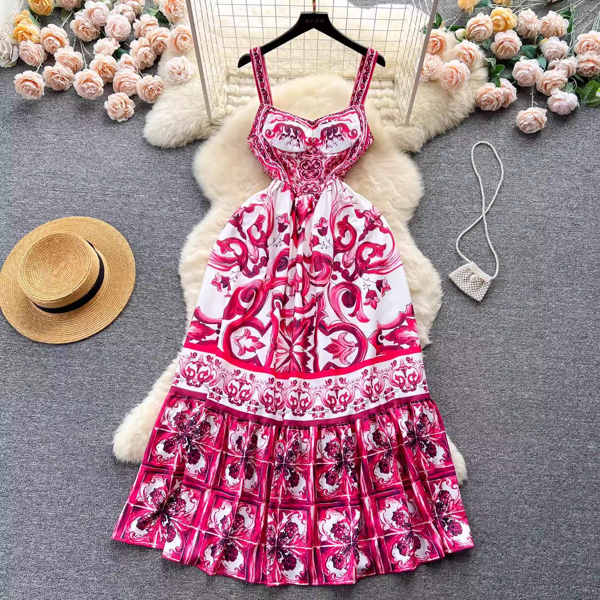 Women's V-neck Red Blue and White Print Spaghetti Strap Holiday Maxi Dress Summer Runway Floral Print Holiday Long Robes Women's V-neck Red Blue and White Print Spaghetti Strap Holiday Maxi Dress Summer Runway Floral Print Holiday Long Robes