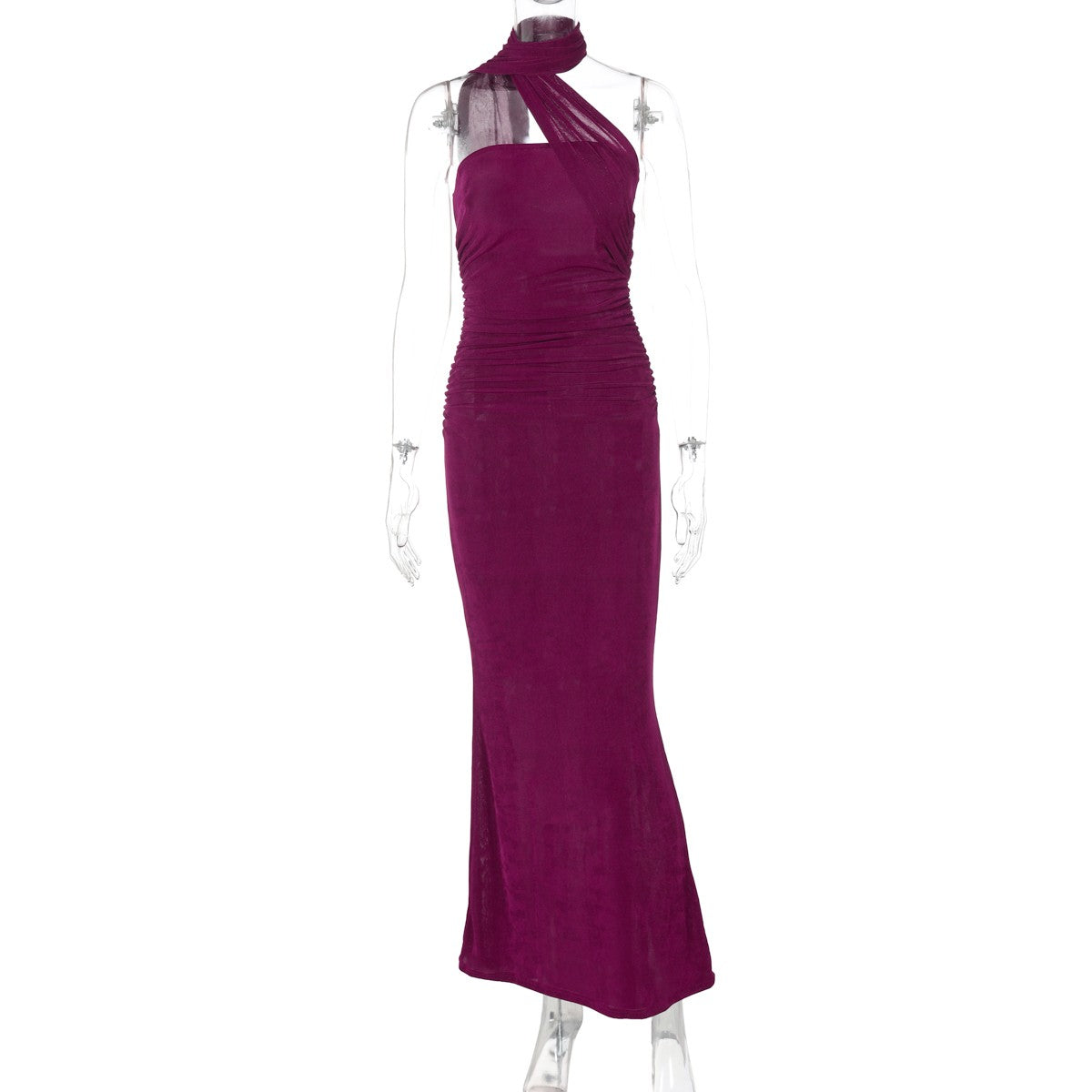Hugcitar halter sólido sem mangas sem costas franzido sexy bodycon maxi vestido